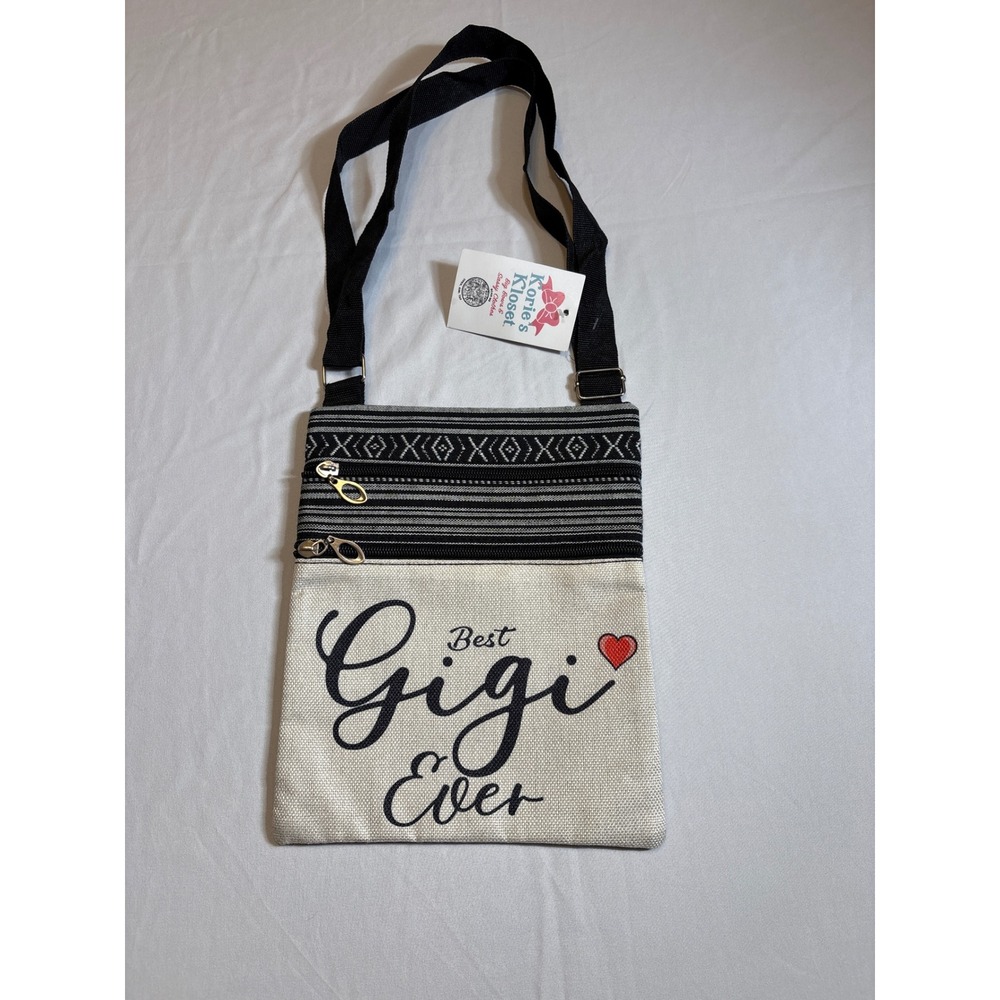 Best Gigi Ever Canvas Crossbody Bag Black White Tribal Pattern Zip Travel Purse